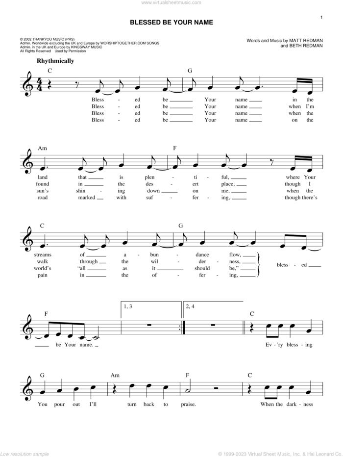 Blessed Be Your Name sheet music for voice and other instruments (fake book) by Matt Redman, Tree63 and Beth Redman, easy skill level