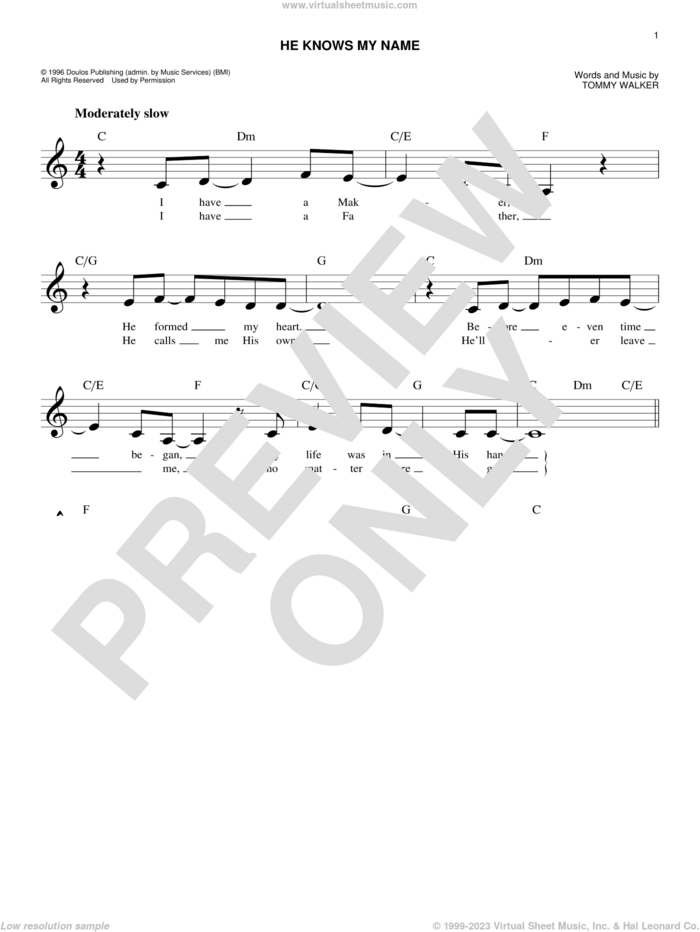 He Knows My Name sheet music for voice and other instruments (fake book) by Tommy Walker, easy skill level