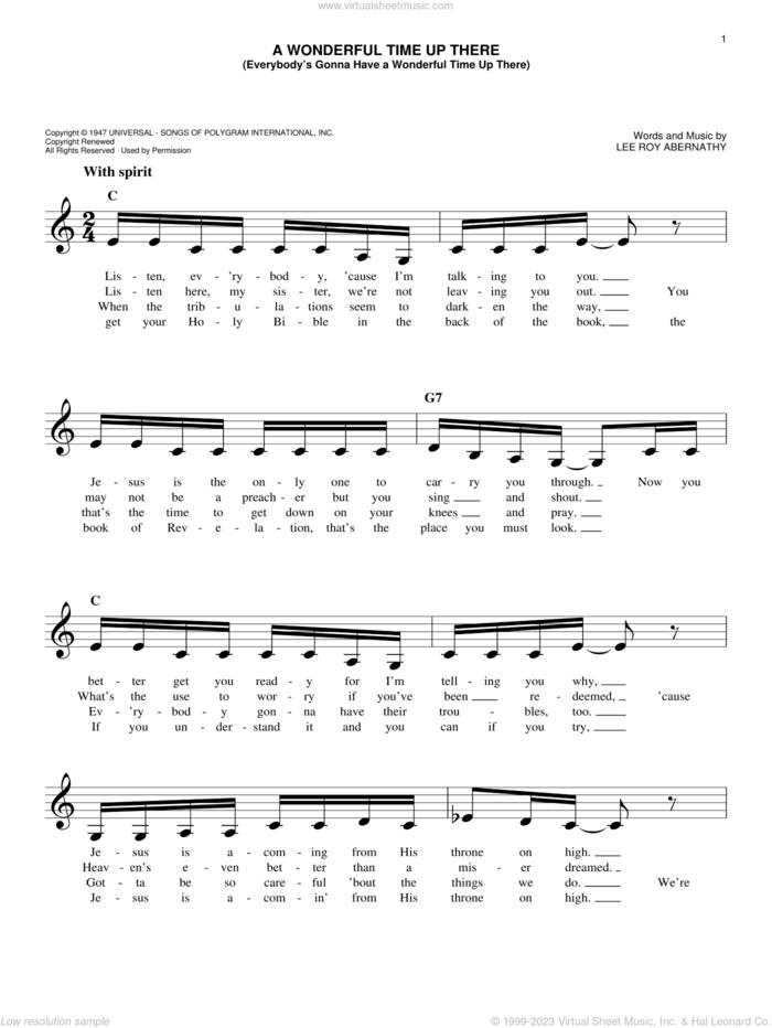 A Wonderful Time Up There (Everybody's Gonna Have A Wonderful Time Up There) sheet music for voice and other instruments (fake book) by Pat Boone and Lee Roy Abernathy, easy skill level