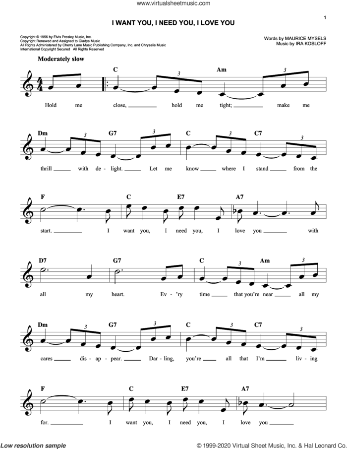 I Want You, I Need You, I Love You sheet music for voice and other instruments (fake book) by Elvis Presley, Ira Kosloff and Maurice Mysels, easy skill level