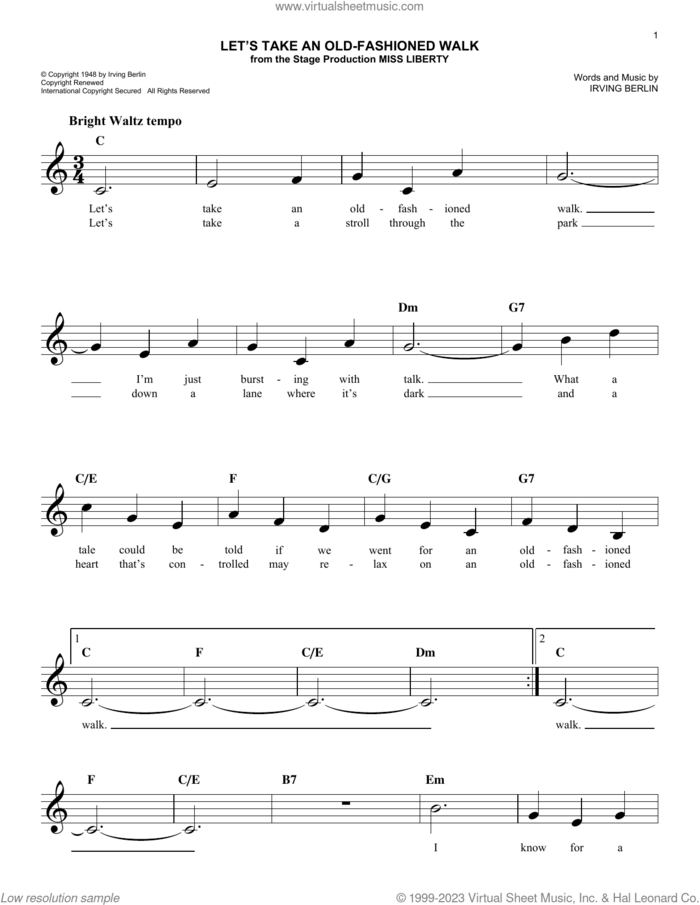 Let's Take An Old-Fashioned Walk sheet music for voice and other instruments (fake book) by Irving Berlin, easy skill level
