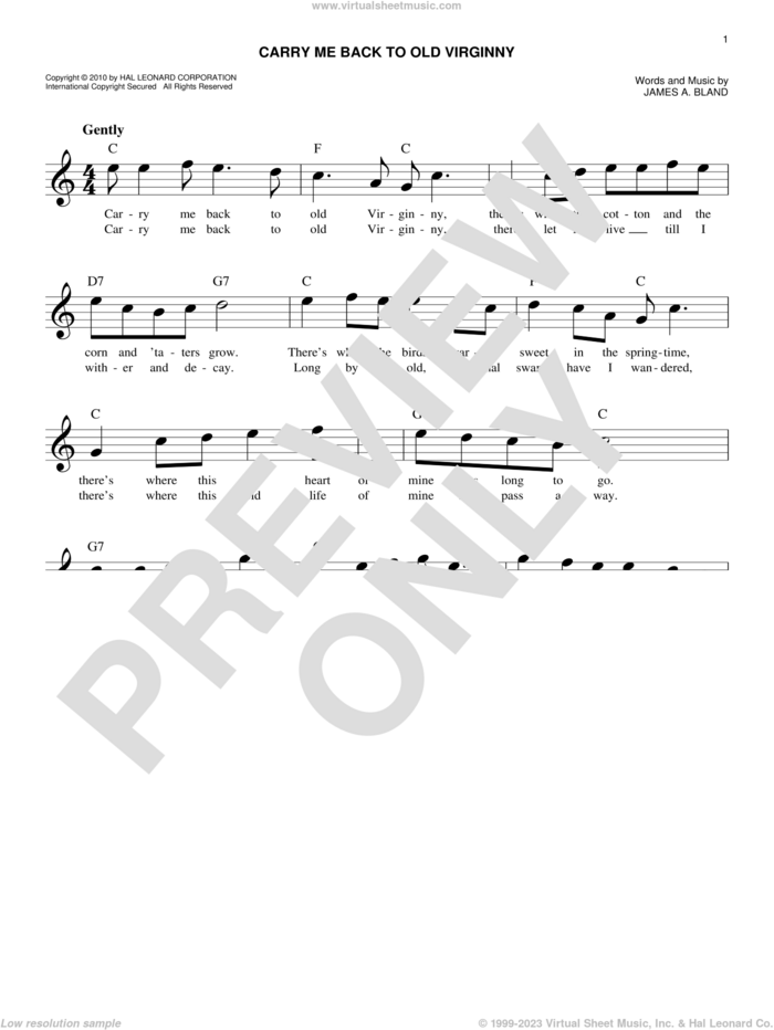Carry Me Back To Old Virginny sheet music for voice and other instruments (fake book) by James A. Bland, easy skill level
