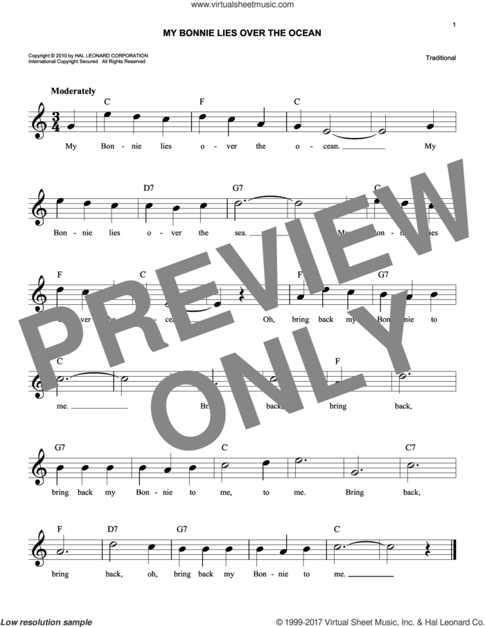My Bonnie Lies Over The Ocean sheet music for voice and other instruments (fake book), easy skill level