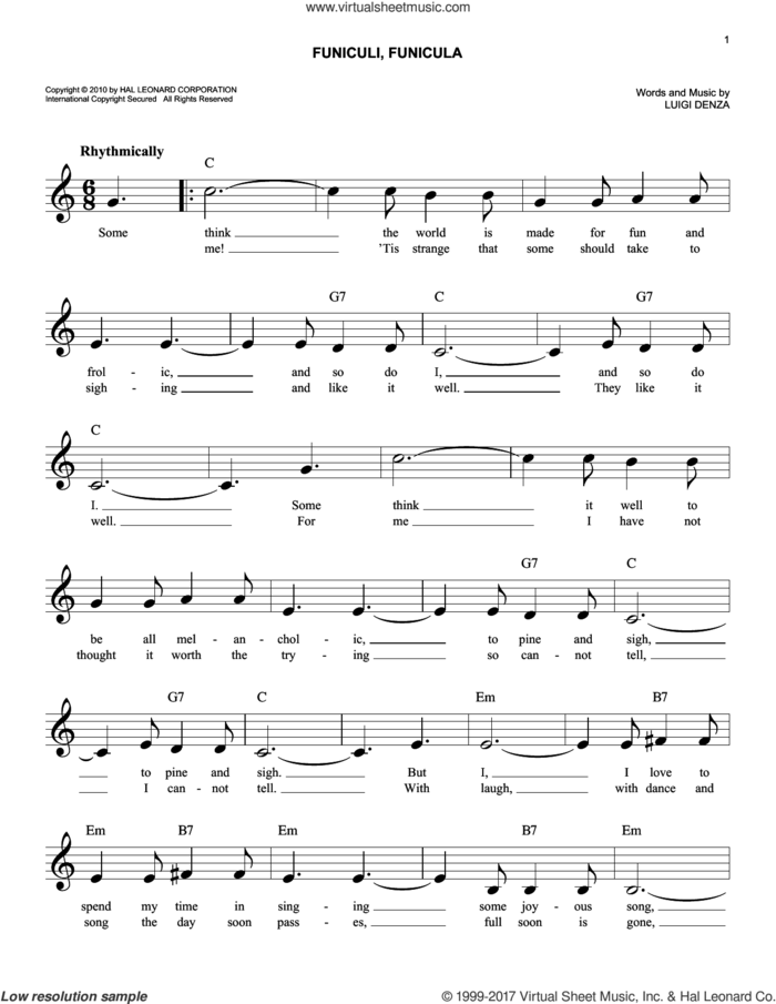 Funiculi, Funicula sheet music for voice and other instruments (fake book) by Luigi Denza, easy skill level