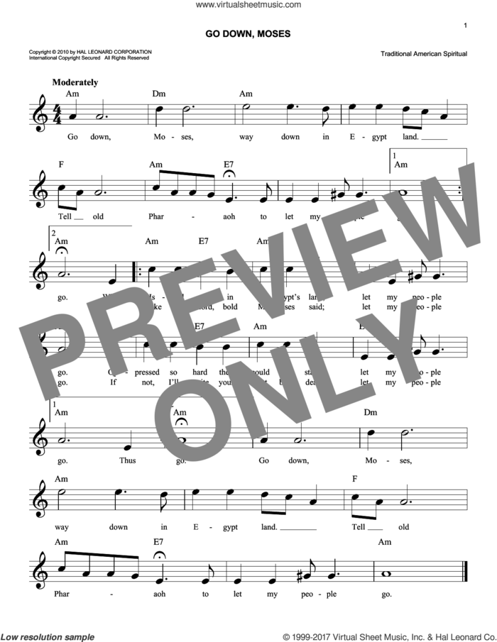 Go Down, Moses sheet music for voice and other instruments (fake book) by Traditional American Spiritual, intermediate skill level