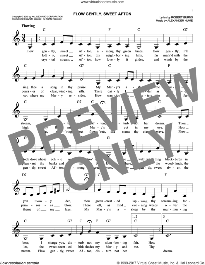 Flow Gently, Sweet Afton sheet music for voice and other instruments (fake book) by Alexander Hume and Robert Burns, easy skill level