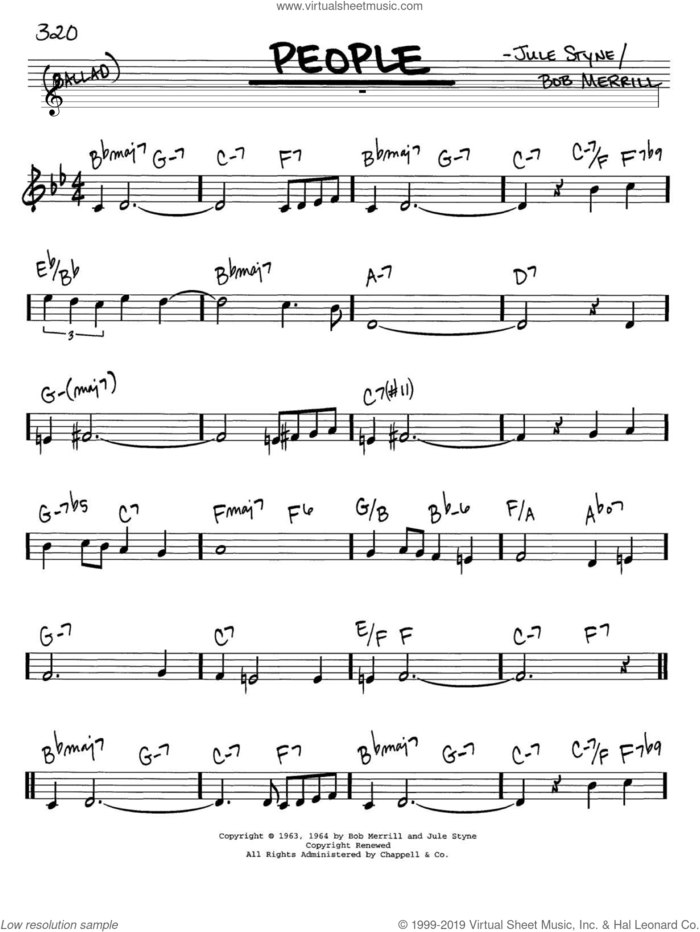 People sheet music for voice and other instruments (in C) by Barbra Streisand, Bob Merrill and Jule Styne, intermediate skill level