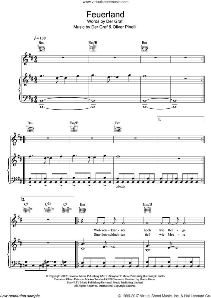 Feuerland sheet music for voice, piano or guitar by Unheilig, Der Graf and Oliver Pinelli, intermediate skill level