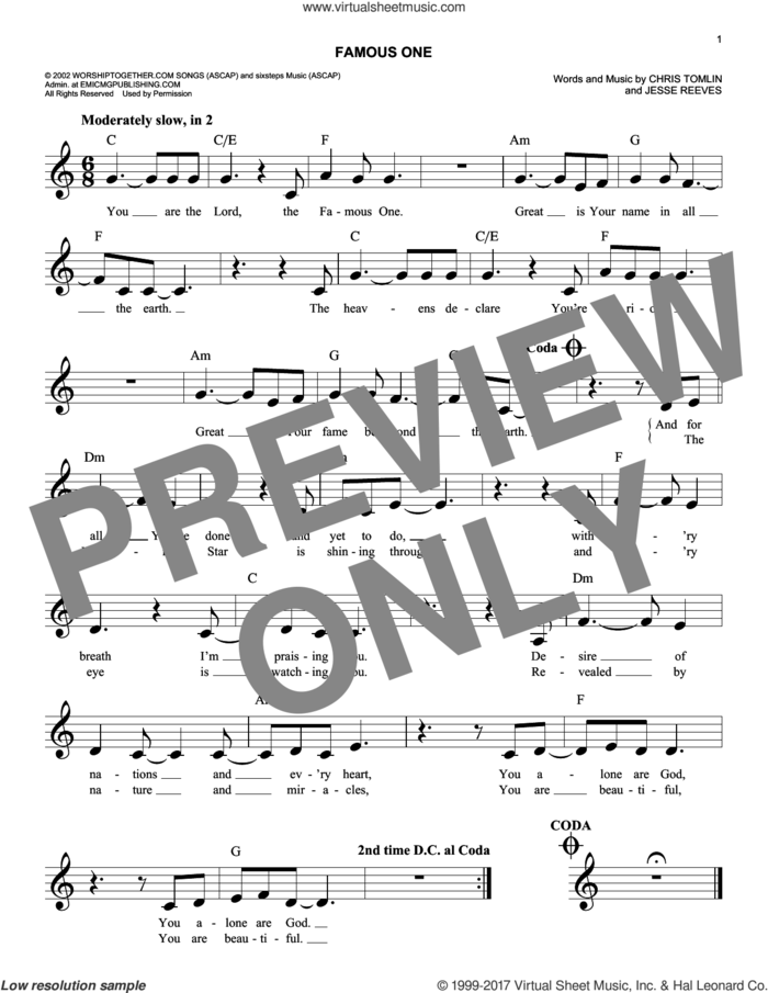Famous One sheet music for voice and other instruments (fake book) by Chris Tomlin and Jesse Reeves, easy skill level