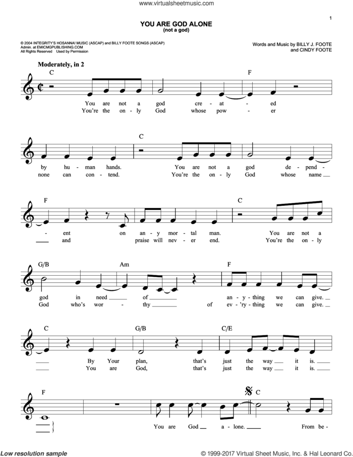 You Are God Alone (Not A God) sheet music for voice and other instruments (fake book) by Phillips, Craig & Dean, Billy James Foote and Cindy Foote, easy skill level