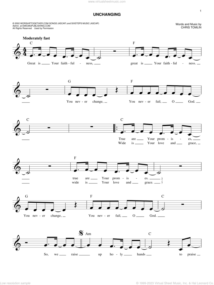 Unchanging sheet music for voice and other instruments (fake book) by Chris Tomlin, easy skill level