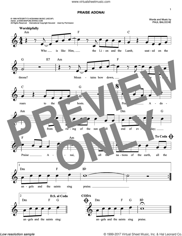 Praise Adonai sheet music for voice and other instruments (fake book) by Paul Baloche, easy skill level