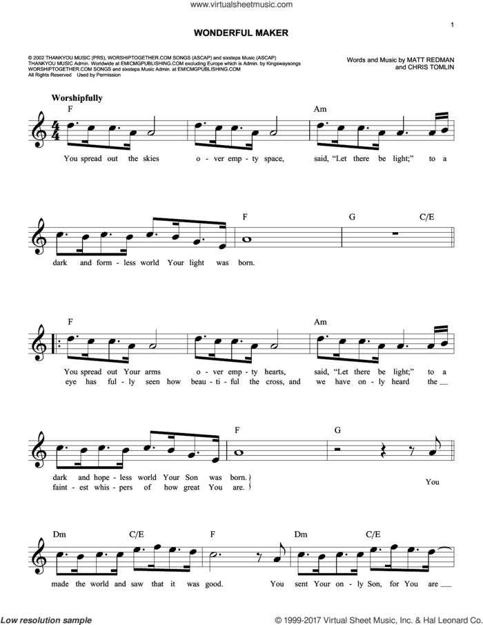 Wonderful Maker sheet music for voice and other instruments (fake book) by Chris Tomlin and Matt Redman, intermediate skill level
