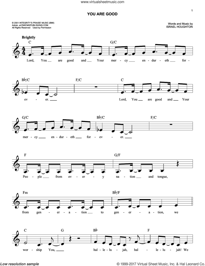 You Are Good sheet music for voice and other instruments (fake book) by Israel Houghton and The Katinas, easy skill level