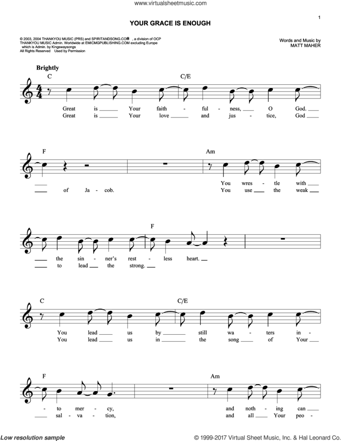 Your Grace Is Enough sheet music for voice and other instruments (fake book) by Chris Tomlin and Matt Maher, easy skill level