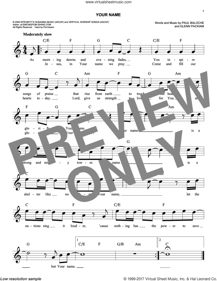 Your Name sheet music for voice and other instruments (fake book) by Phillips, Craig & Dean, Glenn Packiam and Paul Baloche, easy skill level