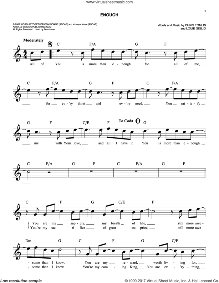 Enough sheet music for voice and other instruments (fake book) by Chris Tomlin, Jeremy Camp and Louie Giglio, easy skill level