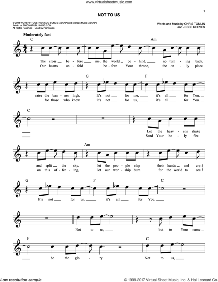 Not To Us sheet music for voice and other instruments (fake book) by Chris Tomlin and Jesse Reeves, easy skill level
