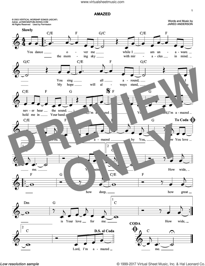 Amazed sheet music for voice and other instruments (fake book) by Phillips, Craig & Dean and Jared Anderson, easy skill level
