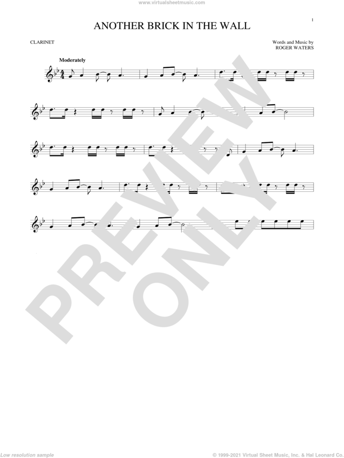 Another Brick In The Wall sheet music for clarinet solo by Pink Floyd and Roger Waters, intermediate skill level