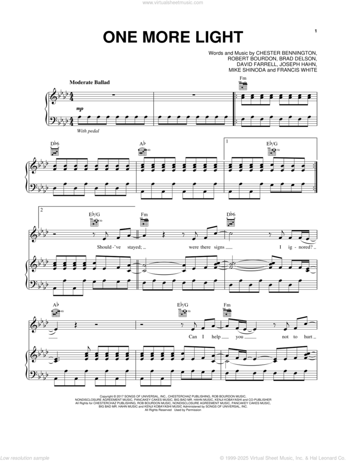 One More Light sheet music for voice, piano or guitar by Linkin Park, Brad Delson, Chester Bennington, David Farrell, Francis White, Joseph Hahn, Mike Shinoda and Rob Bourdon, intermediate skill level