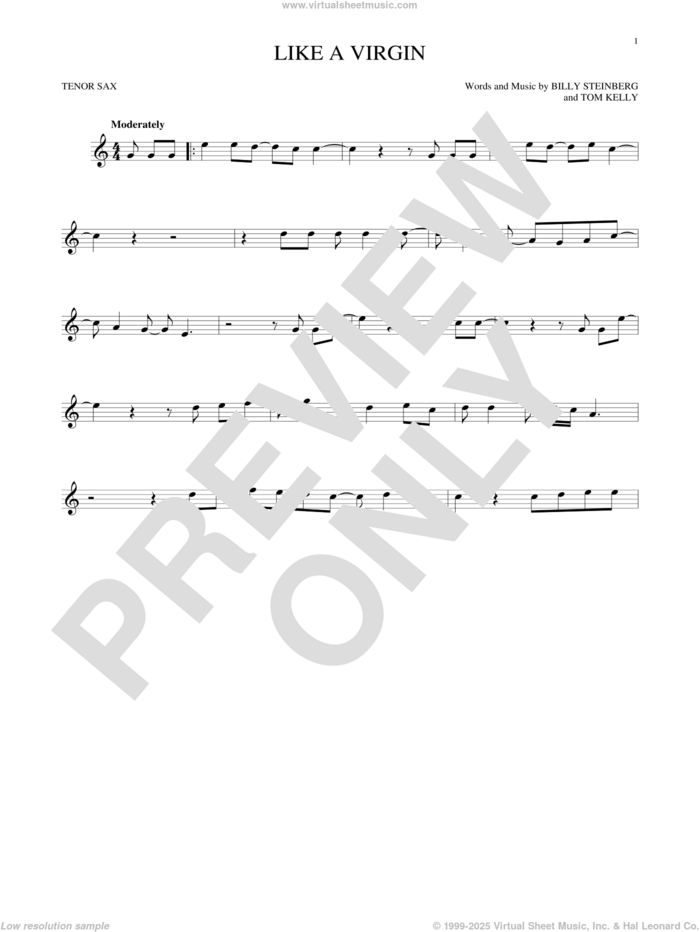 Like A Virgin sheet music for tenor saxophone solo by Madonna, Billy Steinberg and Tom Kelly, intermediate skill level