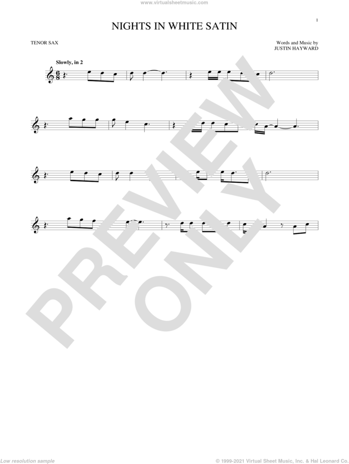 Nights In White Satin sheet music for tenor saxophone solo by The Moody Blues and Justin Hayward, intermediate skill level