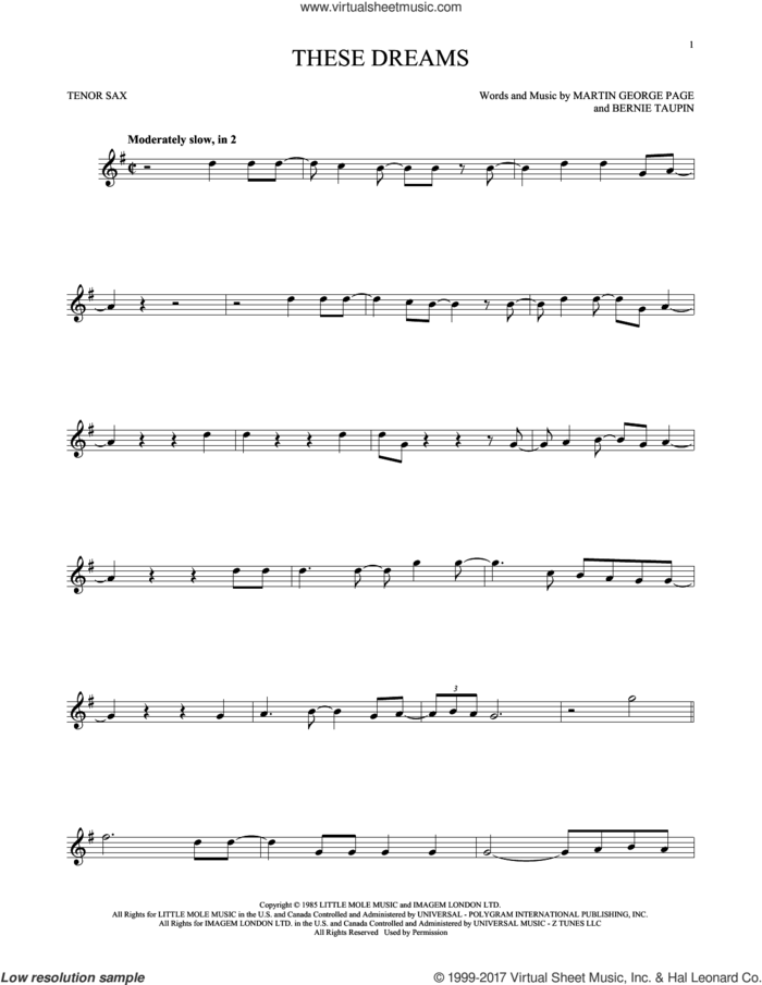 These Dreams sheet music for tenor saxophone solo by Heart, Bernie Taupin and Martin George Page, intermediate skill level