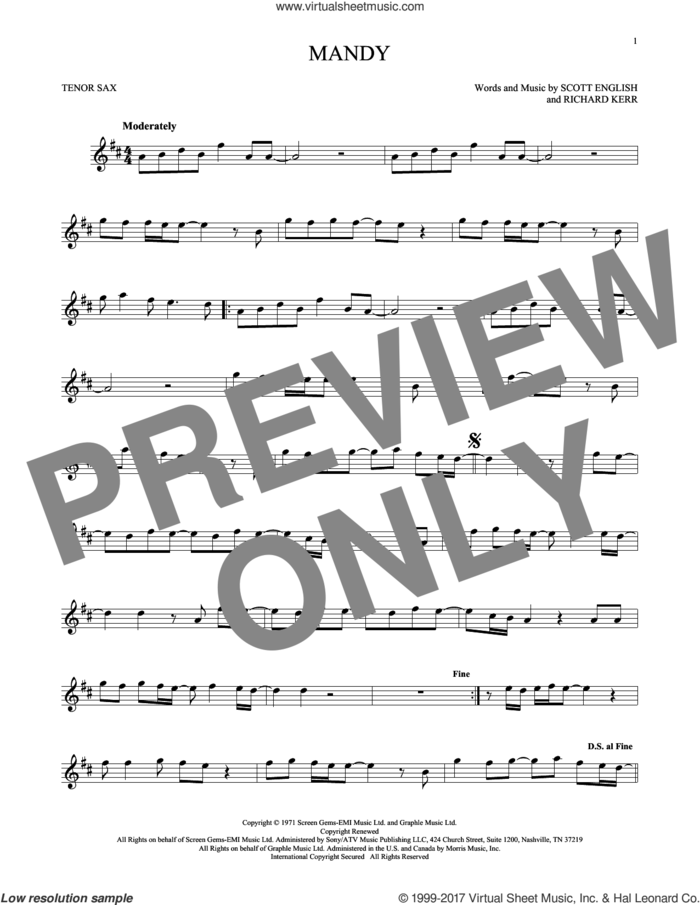 Mandy sheet music for tenor saxophone solo by Barry Manilow, Richard Kerr and Scott English, intermediate skill level