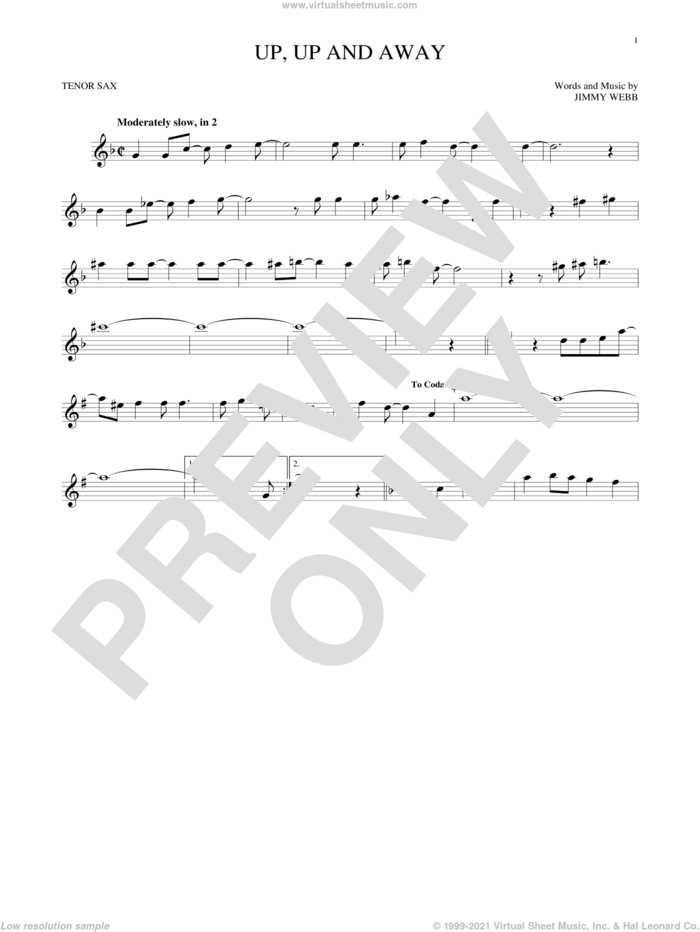 Up, Up And Away sheet music for tenor saxophone solo by The Fifth Dimension and Jimmy Webb, intermediate skill level