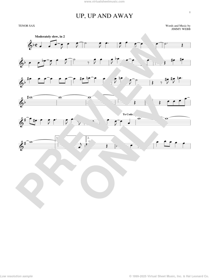 Up, Up And Away sheet music for tenor saxophone solo by The Fifth Dimension and Jimmy Webb, intermediate skill level