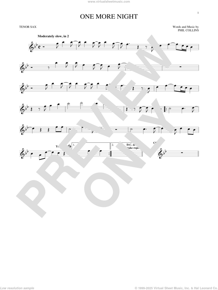 One More Night sheet music for tenor saxophone solo by Phil Collins, intermediate skill level