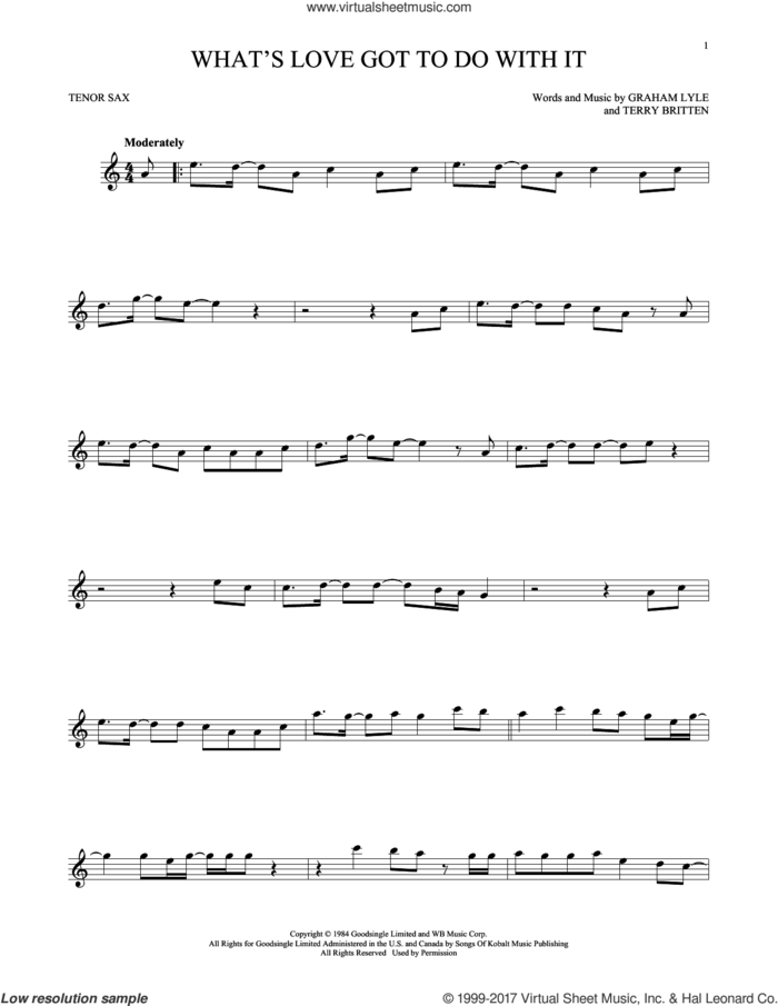 What's Love Got To Do With It sheet music for tenor saxophone solo by Tina Turner, Graham Lyle and Terry Britten, intermediate skill level