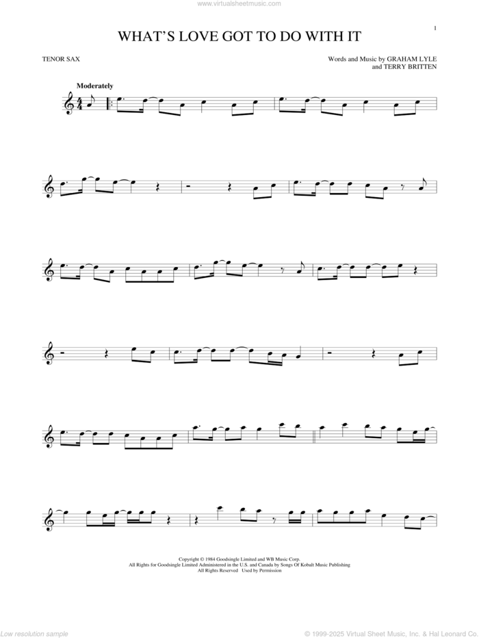 What's Love Got To Do With It sheet music for tenor saxophone solo by Tina Turner, Graham Lyle and Terry Britten, intermediate skill level