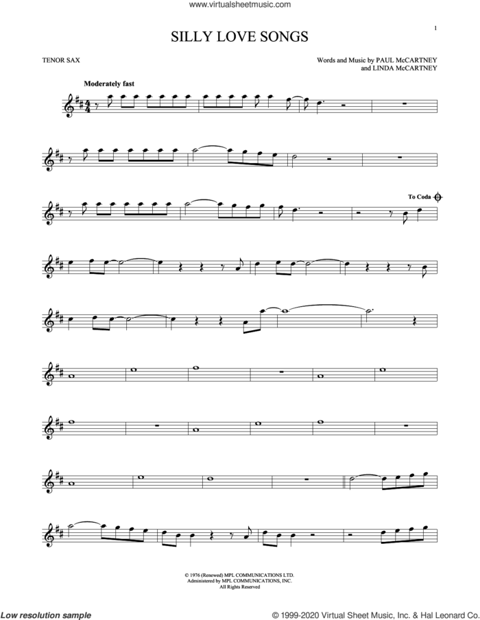 Silly Love Songs sheet music for tenor saxophone solo by Wings, Linda McCartney and Paul McCartney, intermediate skill level