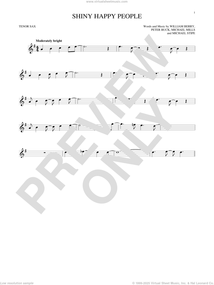 Shiny Happy People sheet music for tenor saxophone solo by R.E.M., Michael Stipe, Mike Mills, Peter Buck and William Berry, intermediate skill level