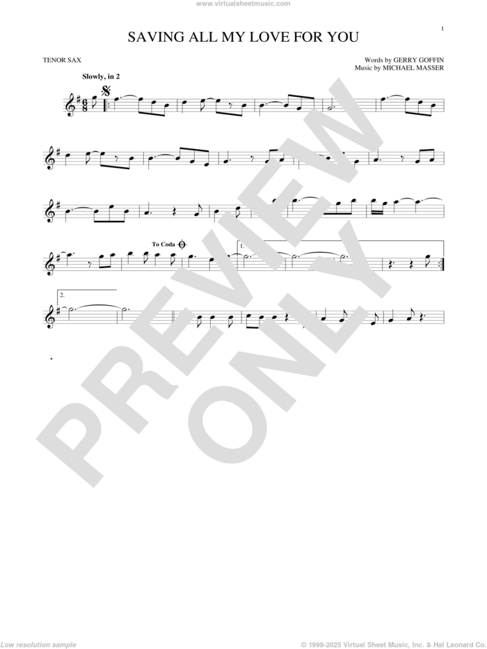 Saving All My Love For You sheet music for tenor saxophone solo by Whitney Houston, Gerry Goffin and Michael Masser, intermediate skill level