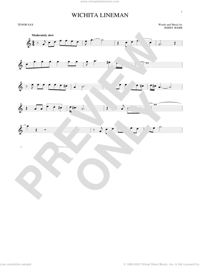 Wichita Lineman sheet music for tenor saxophone solo by Glen Campbell and Jimmy Webb, intermediate skill level