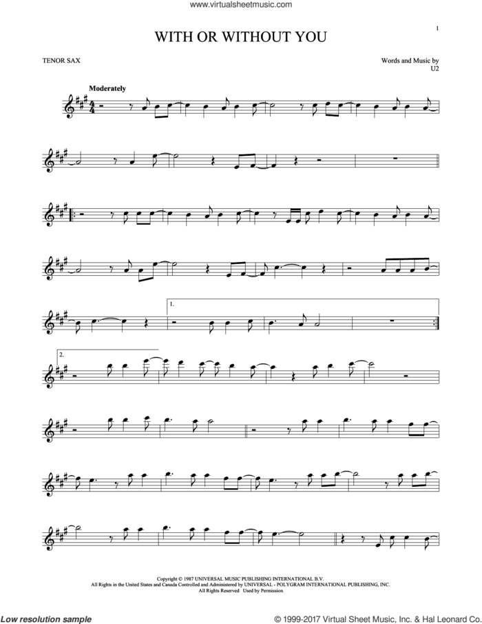 With Or Without You sheet music for tenor saxophone solo by U2, intermediate skill level