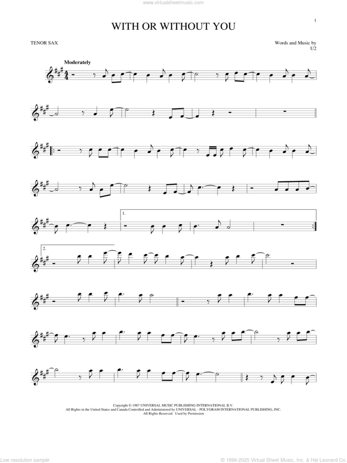 With Or Without You sheet music for tenor saxophone solo by U2, intermediate skill level