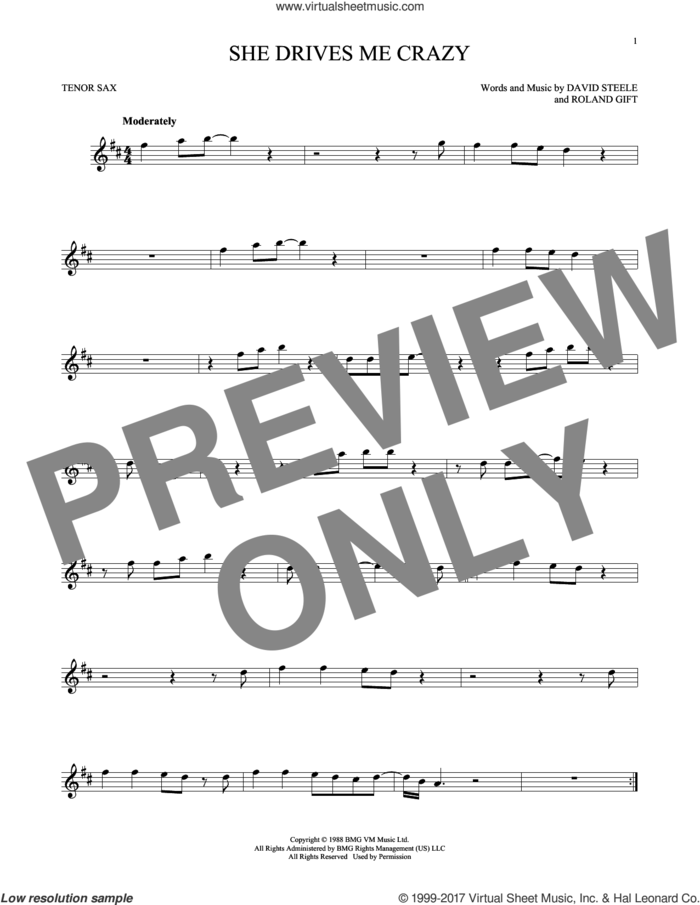 She Drives Me Crazy sheet music for tenor saxophone solo by Fine Young Cannibals, David Steele and Roland Gift, intermediate skill level