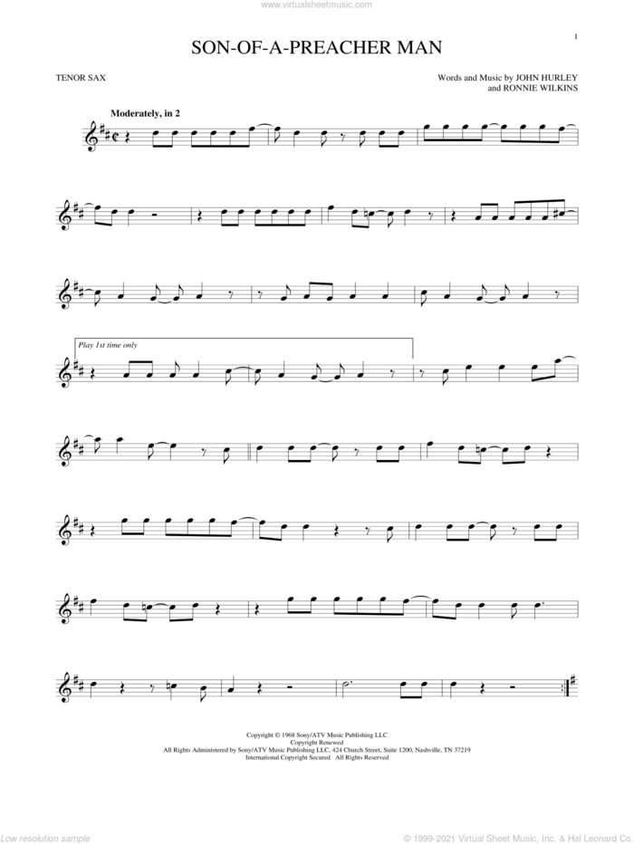 Son-Of-A-Preacher Man sheet music for tenor saxophone solo by Dusty Springfield, John Hurley and Ronnie Wilkins, intermediate skill level