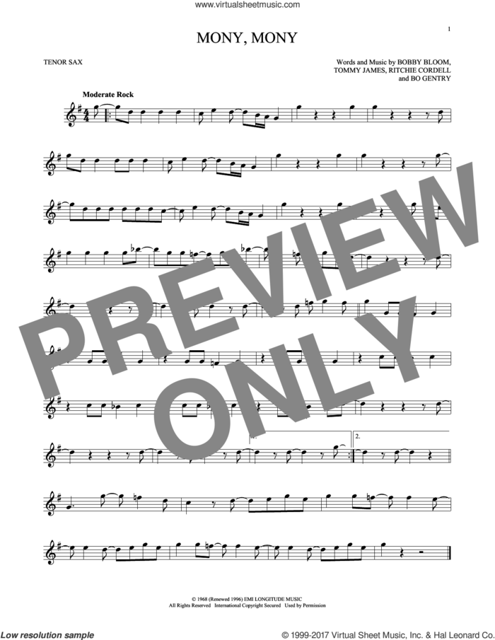 Mony, Mony sheet music for tenor saxophone solo by Tommy James & The Shondells, Billy Idol, Bo Gentry, Bobby Bloom, Ritchie Cordell and Tommy James, intermediate skill level