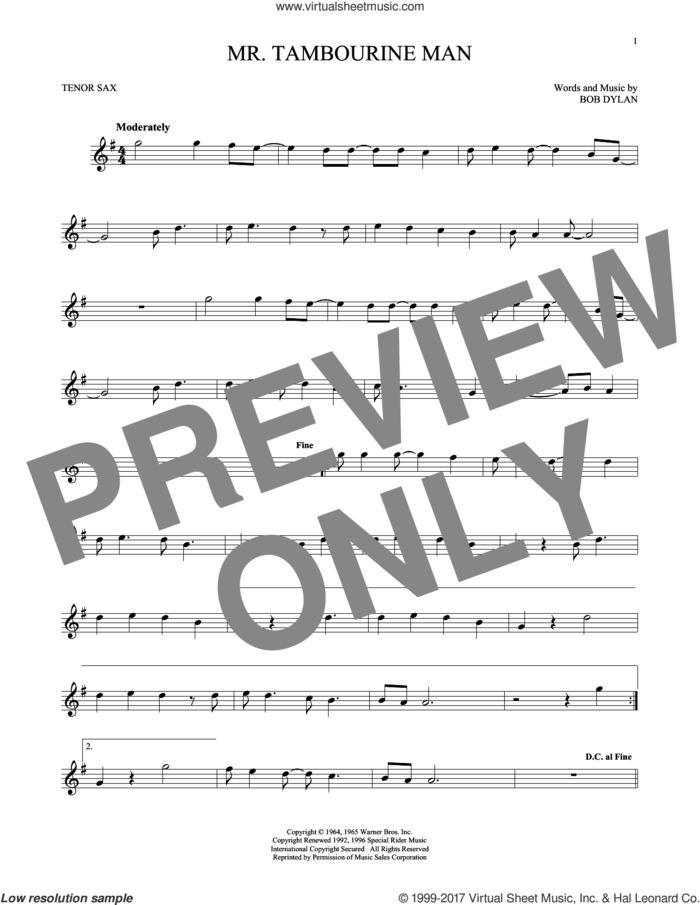 Mr. Tambourine Man sheet music for tenor saxophone solo by Bob Dylan, intermediate skill level