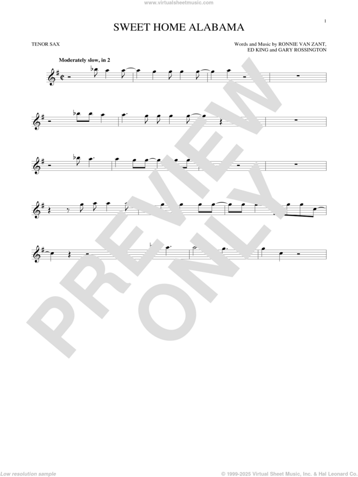 Sweet Home Alabama sheet music for tenor saxophone solo by Lynyrd Skynyrd, Edward King, Gary Rossington and Ronnie Van Zant, intermediate skill level