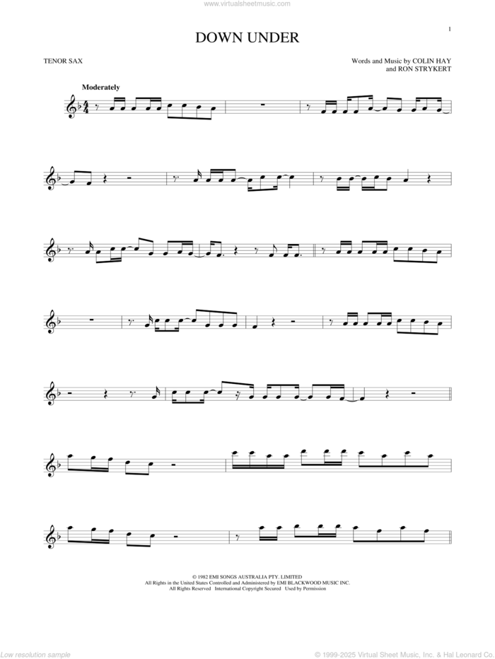 Down Under sheet music for tenor saxophone solo by Men At Work, Colin Hay and Ron Strykert, intermediate skill level