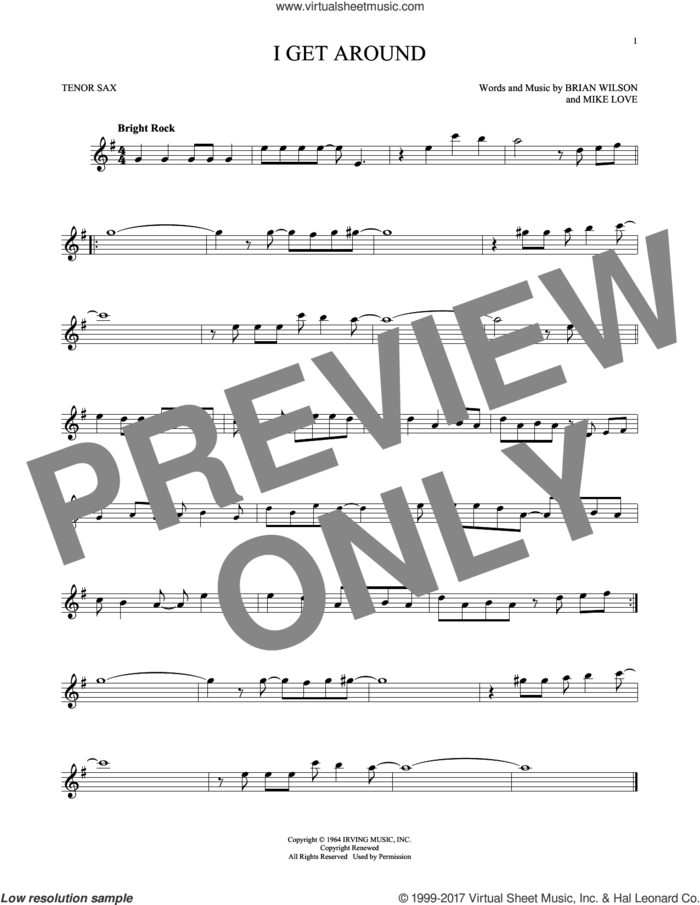 I Get Around sheet music for tenor saxophone solo by The Beach Boys, Brian Wilson and Mike Love, intermediate skill level