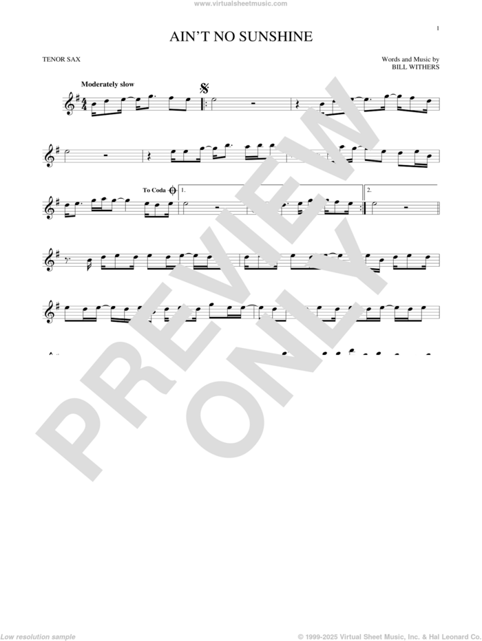 Ain't No Sunshine sheet music for tenor saxophone solo by Bill Withers, intermediate skill level