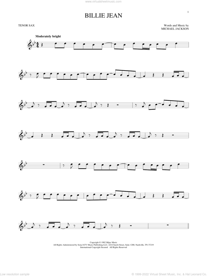 Billie Jean sheet music for tenor saxophone solo by Michael Jackson, intermediate skill level