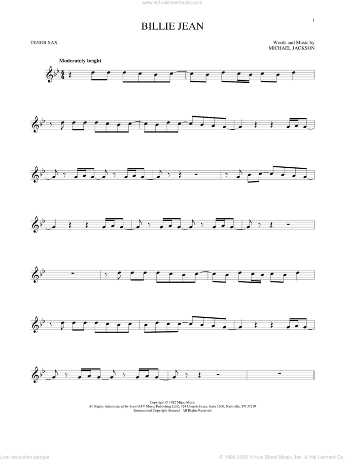 Billie Jean sheet music for tenor saxophone solo by Michael Jackson, intermediate skill level